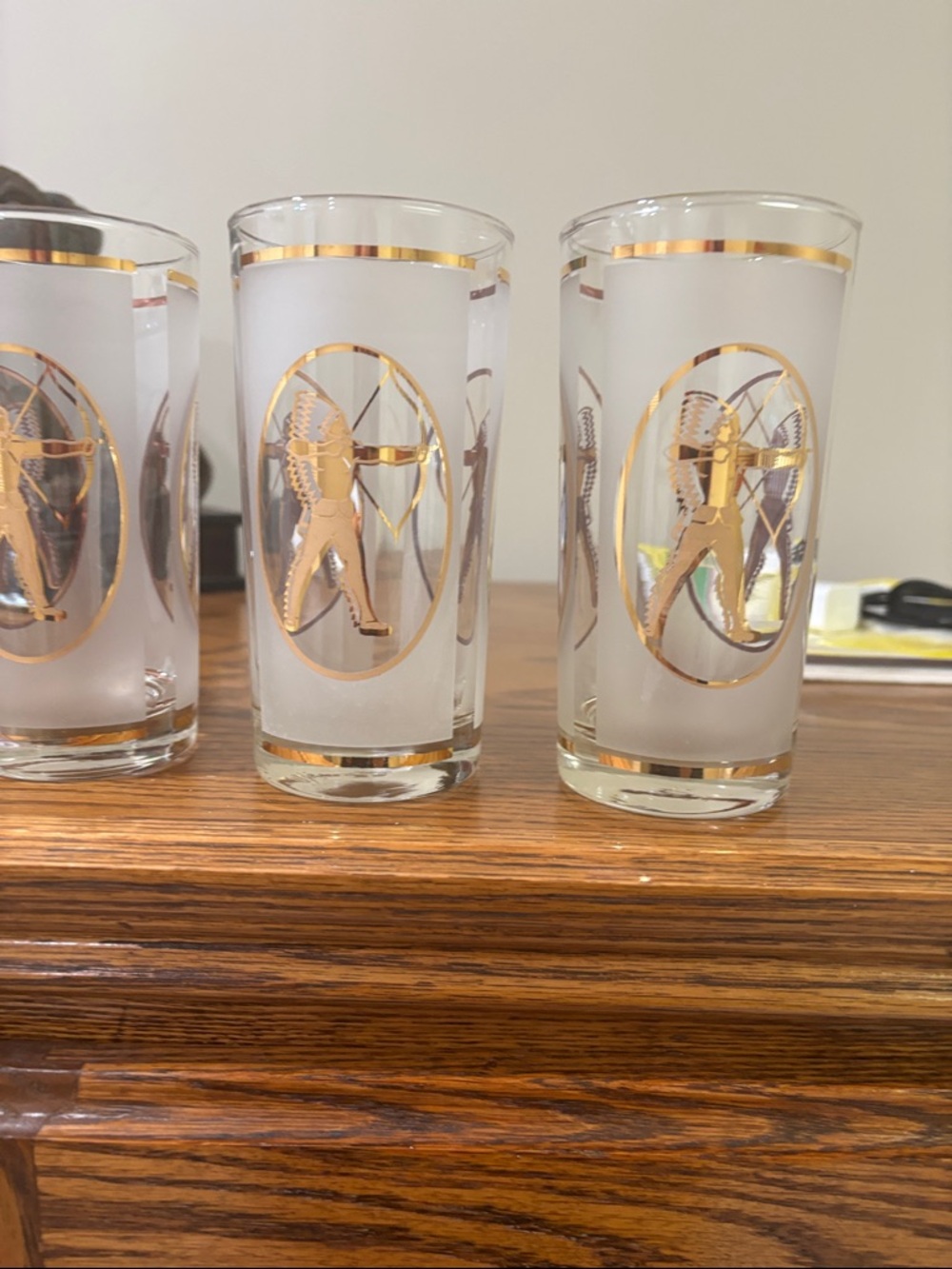 Gold Trim Frosted Glass Tumbler - Decorative Archer Motif